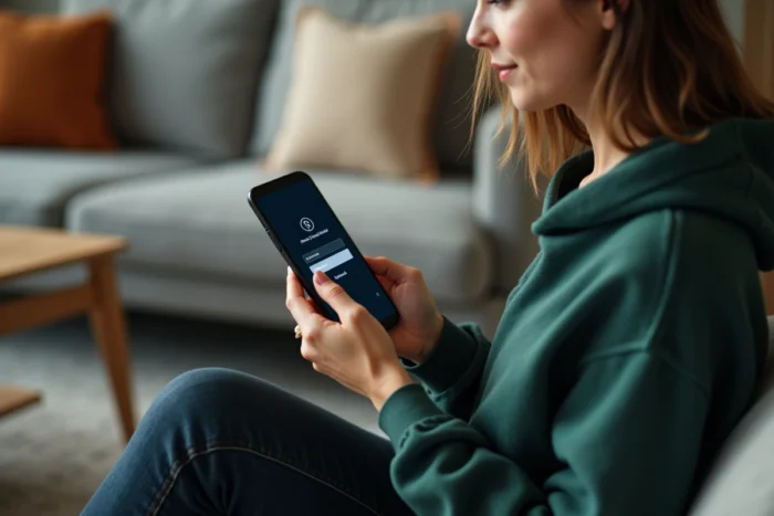 Jeune femme accédant à son espace personnel MyPeopleDoc depuis un smartphone dans son salon