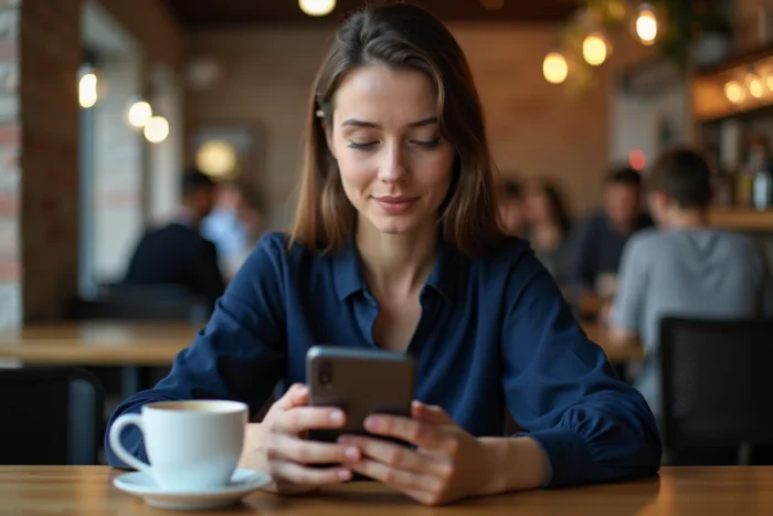 Femme accédant à un site de streaming bloqué depuis un café en France via une application proxy sur smartphone