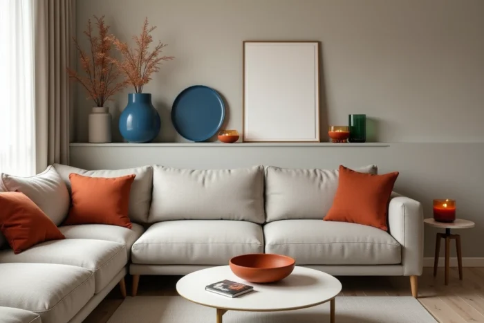 Accessoires décoratifs en couleurs immersives par petites touches, vase cobalt, bol terracotta et coussin rouille dans un salon neutre