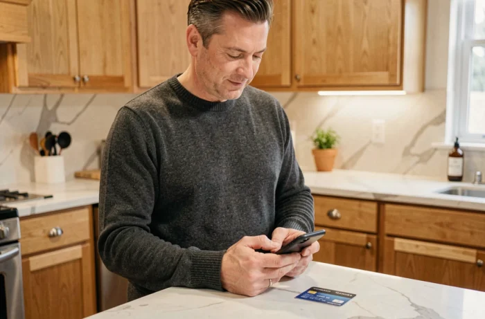 Homme réalisant un achat en ligne rapide sans authentification 3D Secure depuis sa cuisine