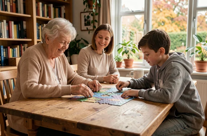 Famille multigénérationnelle réunie autour d'un puzzle en bois dans un salon chaleureux aux tons automnaux