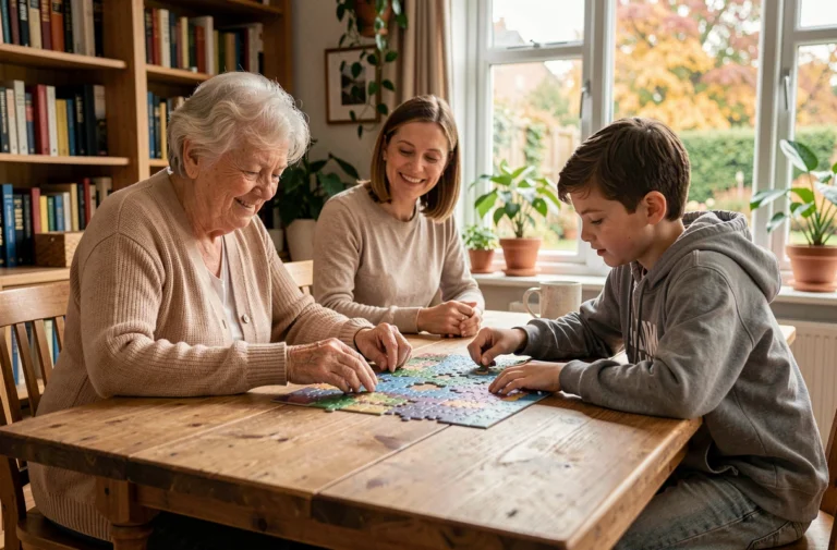 Famille multigénérationnelle réunie autour d'un puzzle en bois dans un salon chaleureux aux tons automnaux