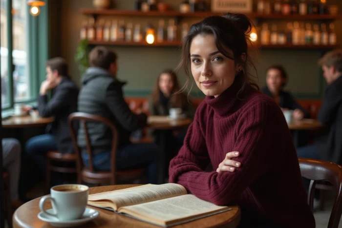 Femme actrice de série TV lisant un script dans un café parisien, ambiance journalistique et authentique, pull bordeaux et espresso