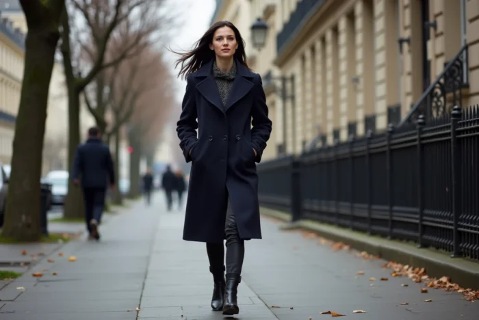 Actrice figure méconnue des séries TV marchant dans une rue parisienne haussmannienne en automne, manteau marine, style éditorial urbain