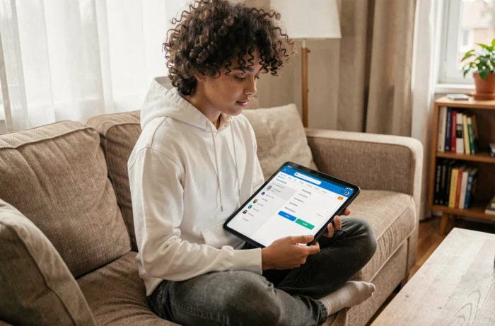 Adolescent consultant les paramètres de navigateurs internet sur une tablette dans un salon confortable