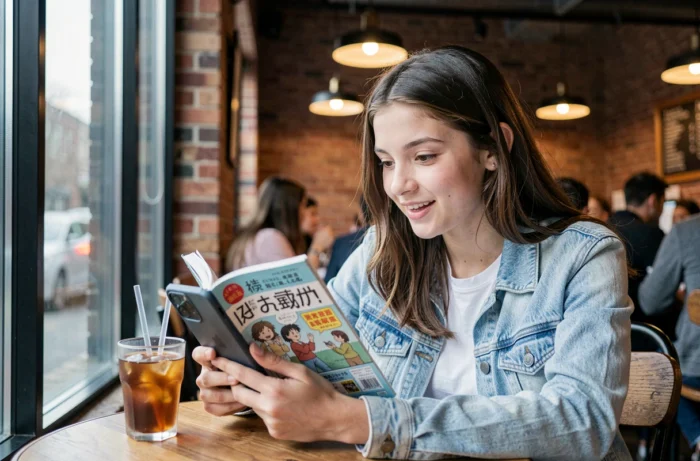 Adolescente découvrant la lecture de mangas en ligne sur smartphone dans un café urbain moderne