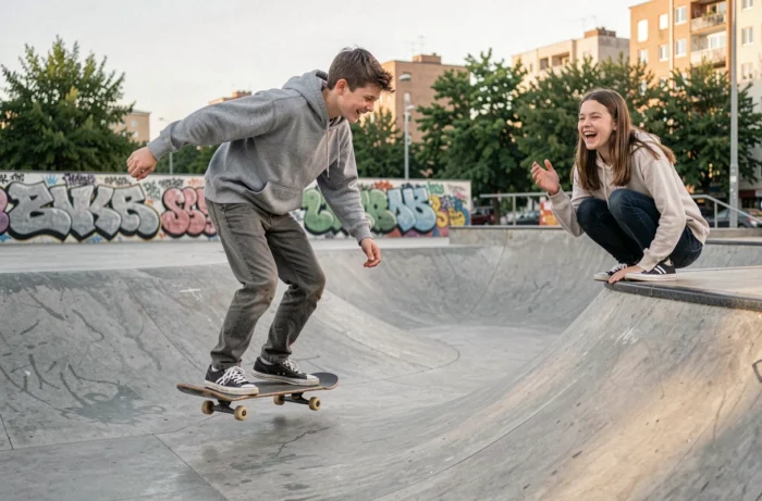 Deux adolescents pratiquant le skateboard dans un skate park urbain avec des fresques murales en arrière-plan