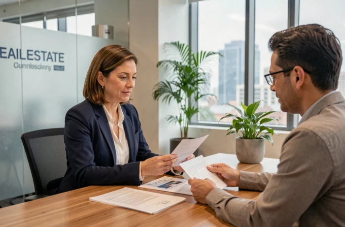 Agent immobilier IAD présentant un barème d'honoraires à des clients dans une agence moderne