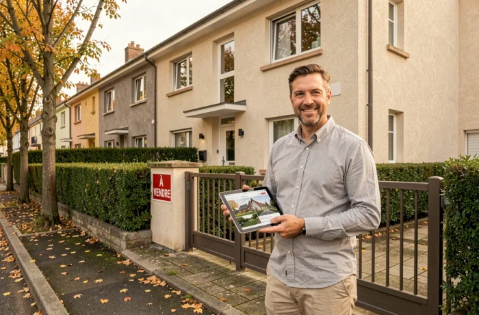 Agent immobilier masculin devant une maison rénovée à vendre dans un quartier résidentiel en automne