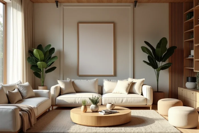 Salon moderne et tendance avec décoration soignée mêlant plantes, textiles, étagères et table basse pour illustrer les idées d'aménagement intérieur