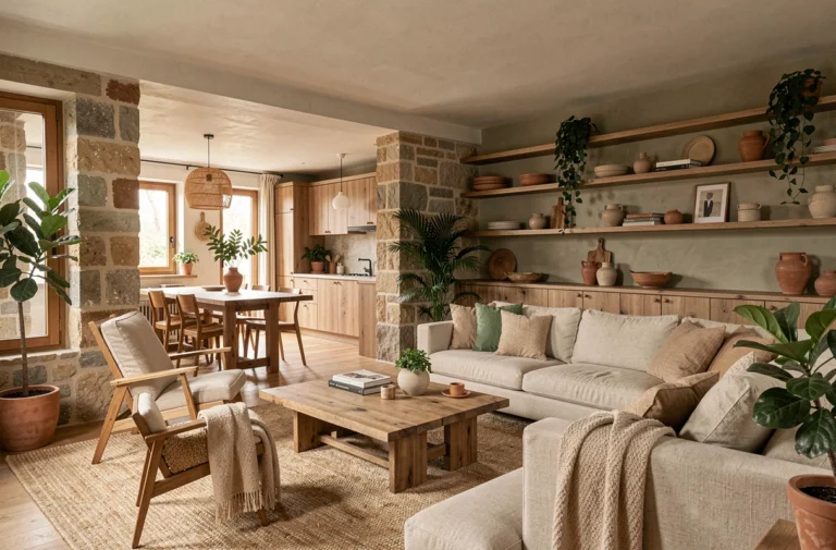 Intérieur d'une maison moderne et harmonieuse avec matériaux naturels, plantes, bois et palette de couleurs chaudes pour illustrer les idées d'aménagement intérieur