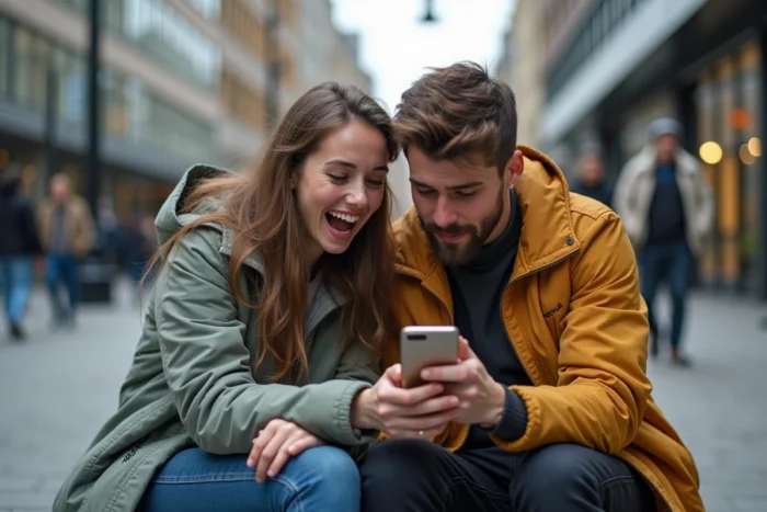 Deux amis découvrant ensemble les dernières actualités geek sur smartphone en pleine ville avec des expressions surprises