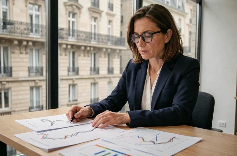 Analyste immobilière étudiant les tendances des prix immobiliers à Lyon dans une agence moderne avec vue sur la ville