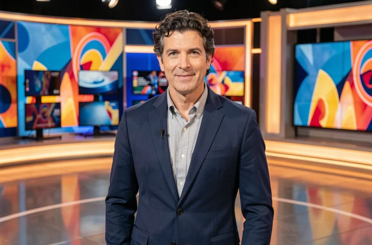 Animateur de jeu télévisé charismatique sur un plateau coloré, incarnant la fascination du public pour les personnalités emblématiques de la télévision française