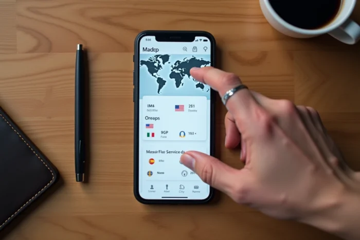 Vue aérienne d'un smartphone affichant une application de localisation d'adresse IP avec carte du monde et coordonnées géographiques