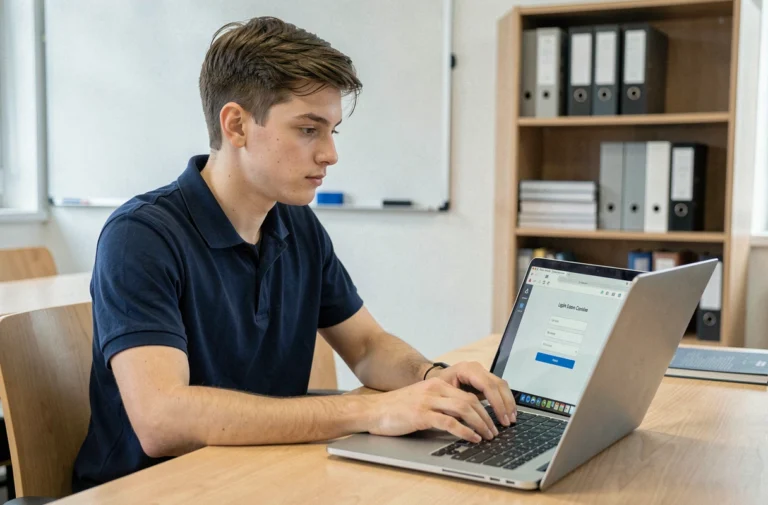Jeune apprenti connecté à la plateforme Zidore Apprentis d'Auteuil sur un ordinateur portable dans une salle d'étude moderne