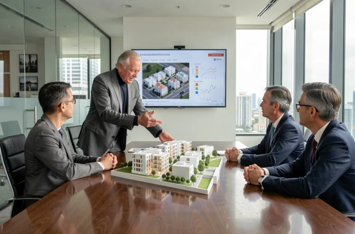 Architecte senior présentant une maquette de projet immobilier résidentiel à des collègues en salle de réunion