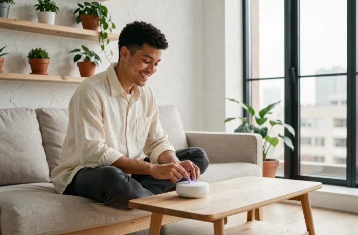 Personne interagissant avec un assistant domotique intelligent dans un intérieur minimaliste tendance