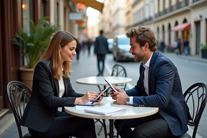 Deux associés discutant de leur stratégie de lancement de business en ligne autour d'une table de café en ville