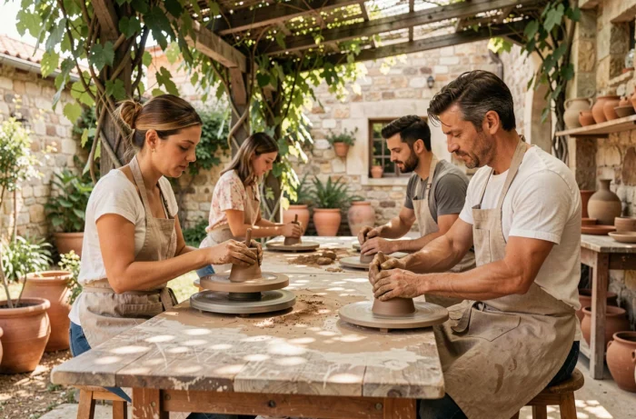 Adultes participant à un atelier de poterie en plein air sous une pergola rustique couverte de vignes