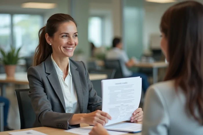 Femme présentant une attestation notariée à un conseiller bancaire dans une agence moderne