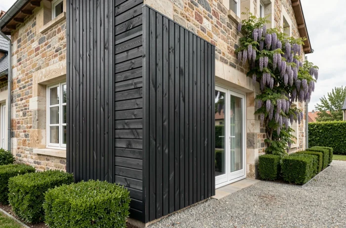 Façade de maison rénovée avec bardage bois vertical en lattes sombres contrastant avec la maçonnerie en pierre naturelle