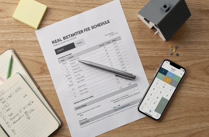 Vue aérienne d'un barème d'honoraires IAD 2026 avec calculatrice et modèle de maison sur un bureau