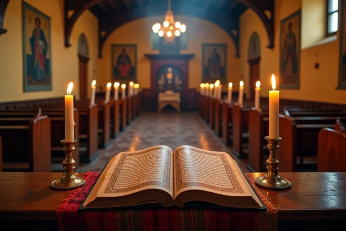 Bible en écriture Ge'ez posée sur un banc d'église orthodoxe éthiopienne entourée de bougies et d'icônes religieuses, symbolisant la foi chrétienne de The Weeknd