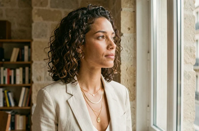 Femme portant des colliers en or superposés avec un blazer en lin ivoire dans un appartement parisien minimaliste, illustrant comment les bijoux subliment un style élégant