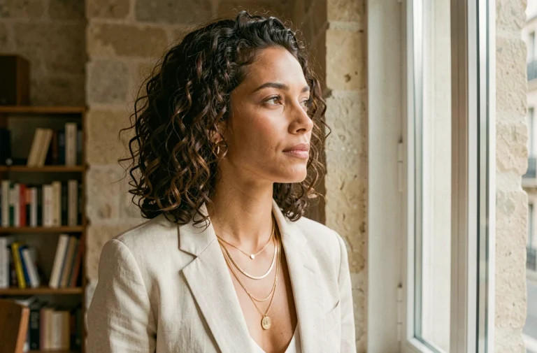 Femme portant des colliers en or superposés avec un blazer en lin ivoire dans un appartement parisien minimaliste, illustrant comment les bijoux subliment un style élégant