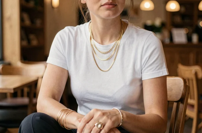 Femme portant des bijoux dorés superposés comme signature visuelle distinctive de son style