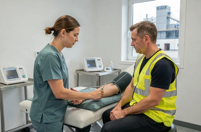 Infirmier en santé au travail réalisant un bilan de santé pour un salarié dans une unité médicale industrielle en Lorraine
