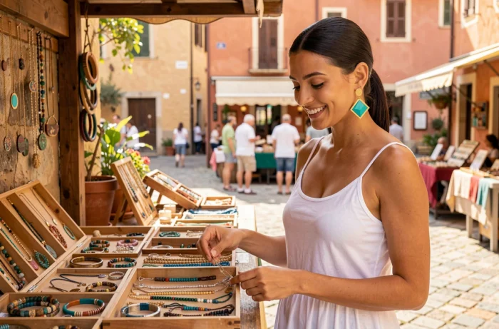 Jeune femme choisissant des boucles d'oreilles géométriques turquoise et or sur un marché artisanal méditerranéen, montrant comment les bijoux uniques expriment la personnalité et subliment une tenue estivale simple