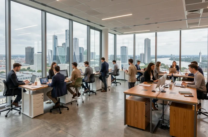 Open space moderne dans un immeuble de bureaux parisien avec vue sur la skyline urbaine de La Défense