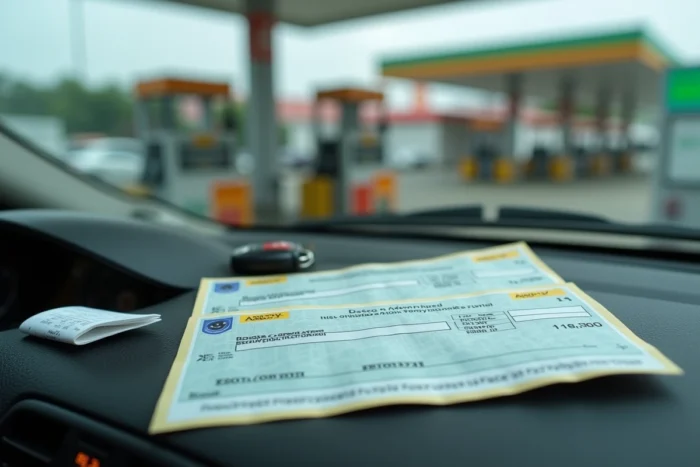 Carnet de chèques vacances ANCV ouvert sur le tableau de bord d'une voiture garée en station essence