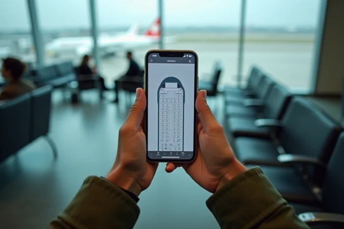 Mains tenant un smartphone avec carte des sièges d'avion dans un aéroport pour choisir la meilleure place
