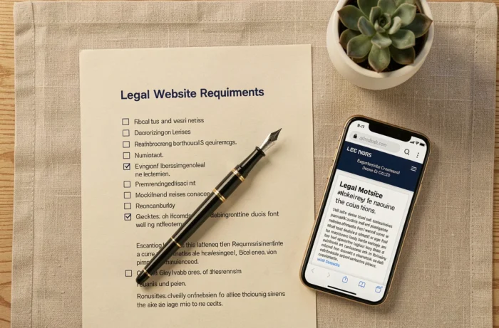 Vue aérienne d'un bureau avec checklist des mentions légales obligatoires pour un site web