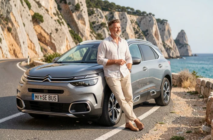 Homme élégant posant devant une Citroën C5 X neuve sur une route côtière de la Côte d'Azur