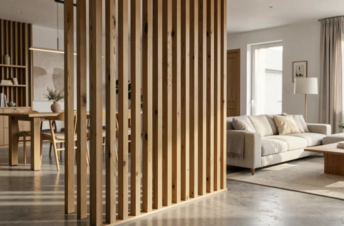 Claustra en bois à lamelles verticales en chêne séparant un salon d'une salle à manger dans un intérieur contemporain