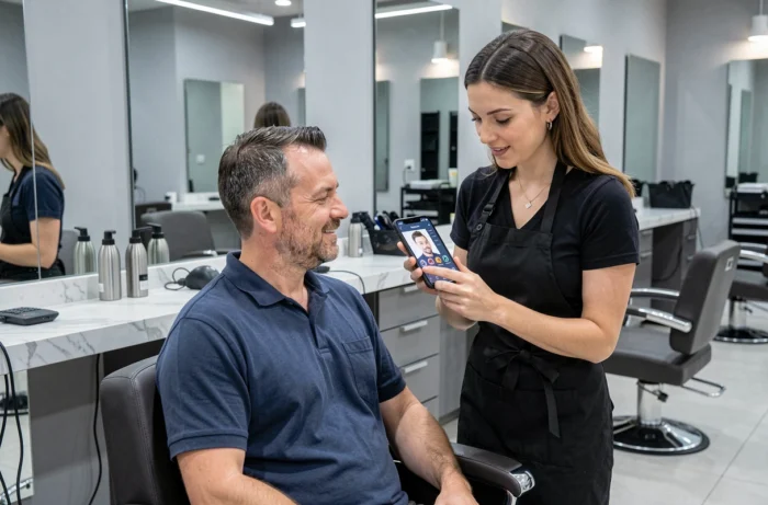 Coiffeur montrant une application de simulation de coupe de cheveux à un client dans un salon professionnel