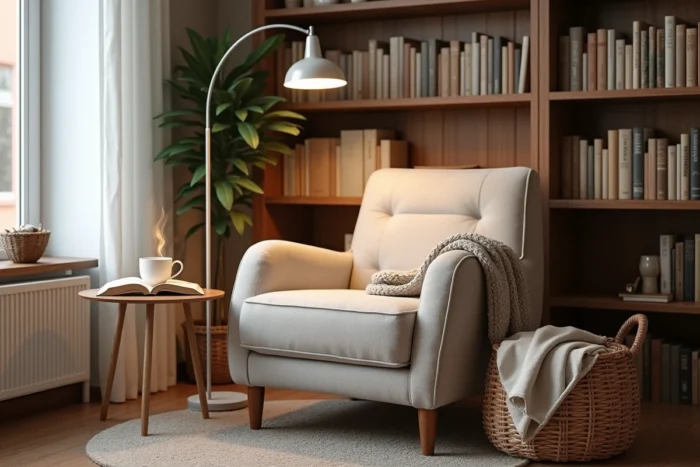 Coin lecture cosy avec fauteuil en lin, plaid tricoté, bibliothèque, lampadaire et tasse de thé dans un espace dédié au calme