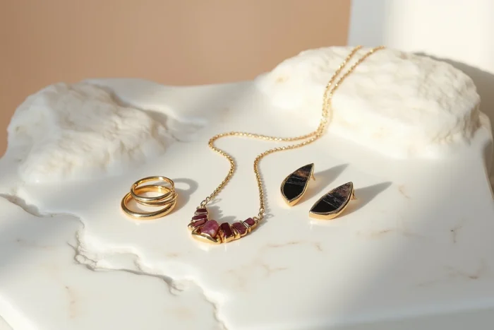 Collection de bijoux artisanaux en or et pierres brutes disposés sur marbre blanc pour une marque de luxe indépendante