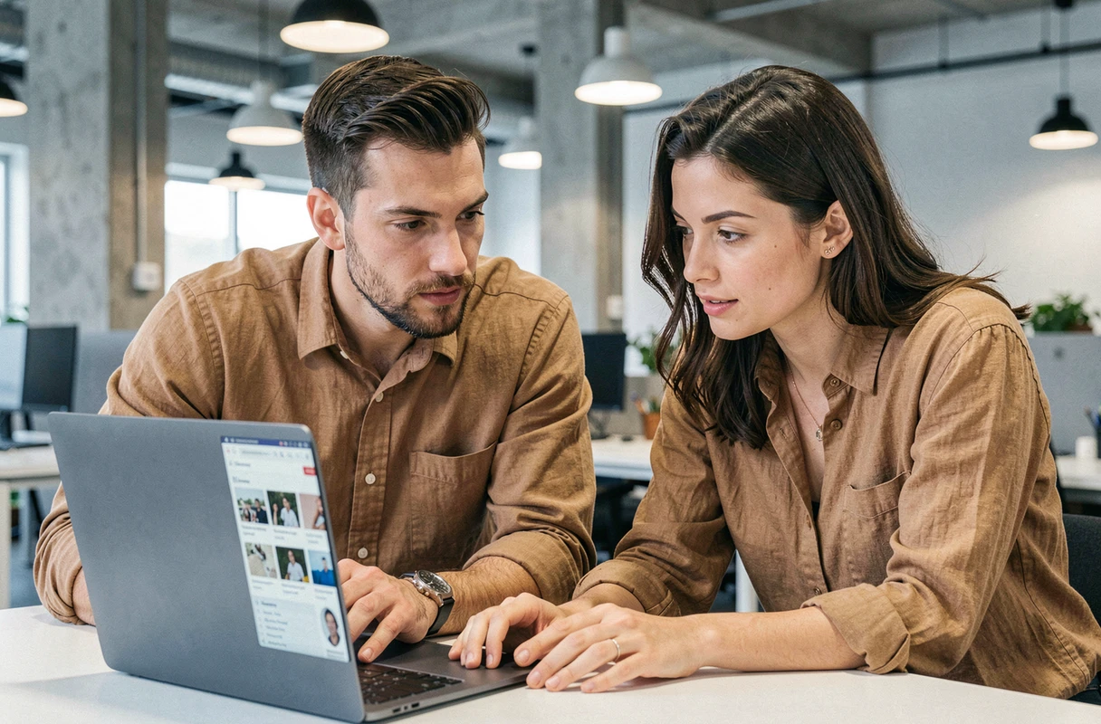 Deux collègues explorant ensemble un annuaire de contenus en ligne dans un espace de coworking