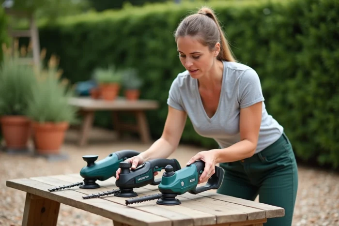 Femme comparant différents modèles de taille-bordure sur une table en bois dans un jardin