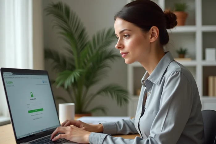 Femme connectée à son compte MyPeopleDoc sur un ordinateur portable dans un bureau à domicile moderne