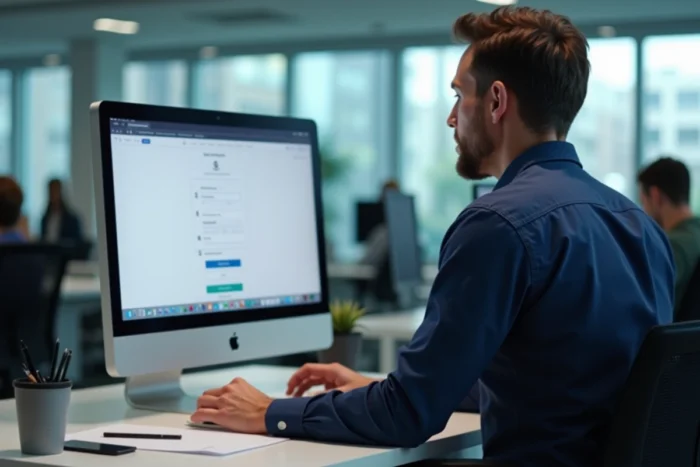 Homme se connectant à un portail RH en ligne depuis son poste de travail en open space professionnel