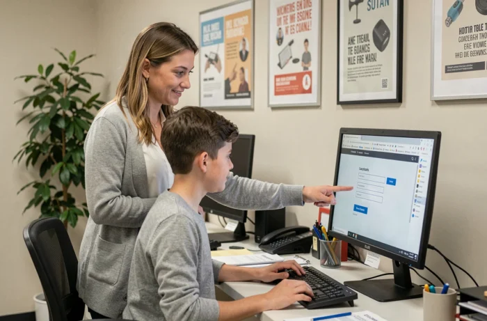 Conseillère pédagogique aidant un apprenti à se connecter au portail Zidore des Apprentis d'Auteuil dans un bureau de formation