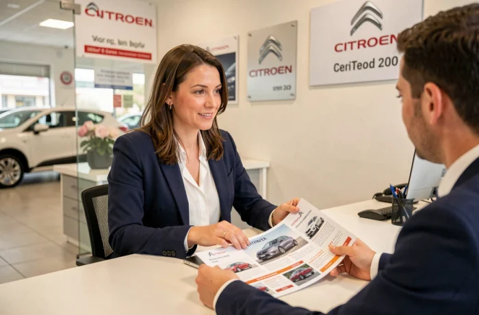 Conseillère commerciale présentant les offres exclusives Citroën à des clients dans une concession en Côte d'Azur