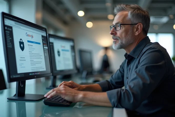 Homme utilisant un VPN sur ordinateur de bureau pour contourner le blocage et accéder à la nouvelle adresse d'un site