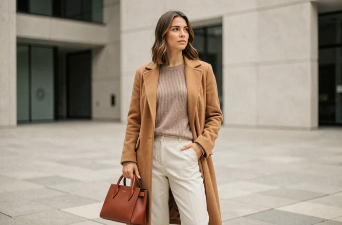 Femme en tenue entièrement dans les tons neutres avec un sac coloré comme accent unique